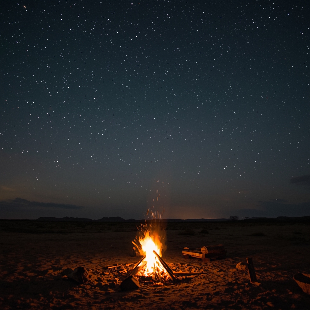 A roaring campfire under a starry night sky in an open desert landscape, cozy, illuminated, beautiful astrophotography (no people, no woman)